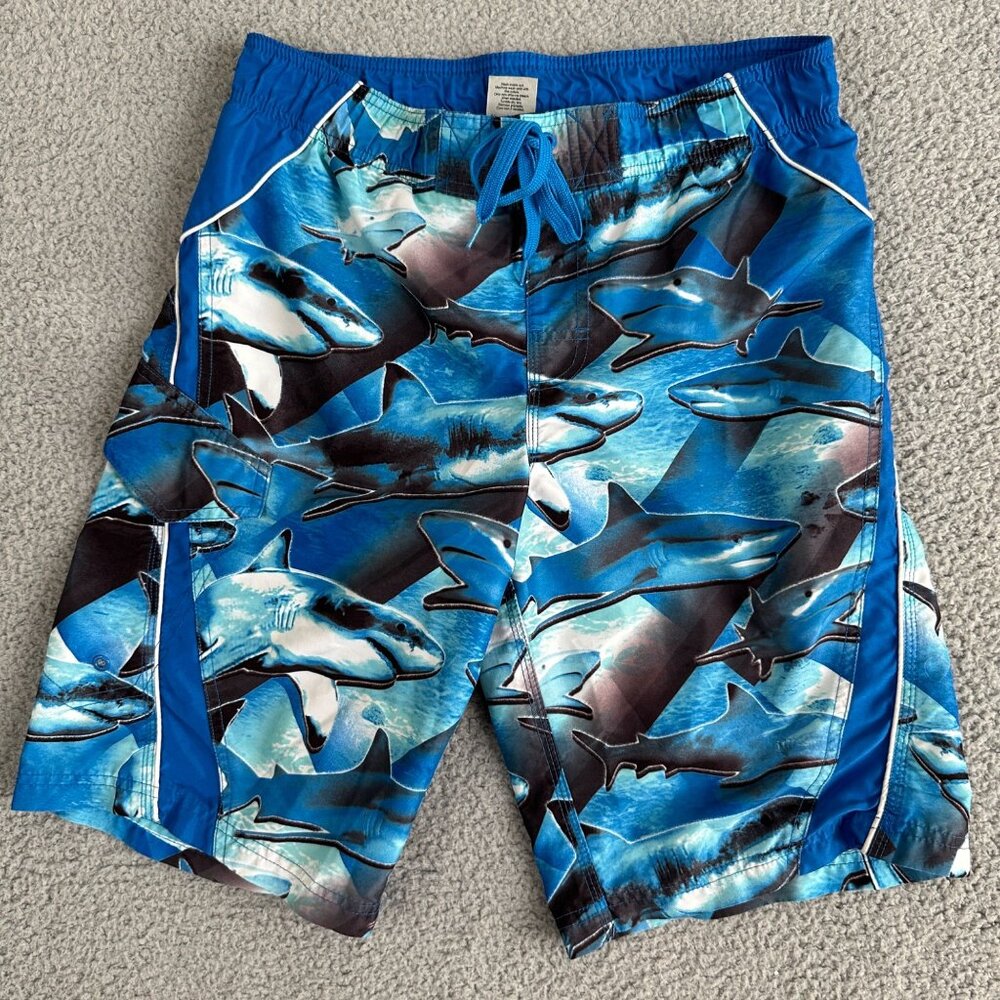 Hang Ten Swim Trunks Shorts Mens Size Large Blue Gray Shark‎ Print Athleisure